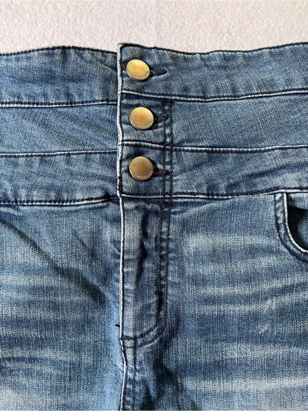 Tinseltown High-Waist Blue Denim Shorts with Triple-Button Front